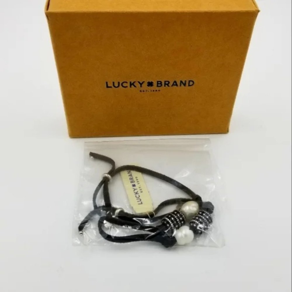 🍀Lucky Brand Pearl and Pave Crystal Detail Adjustable Leather Bracelet🍀